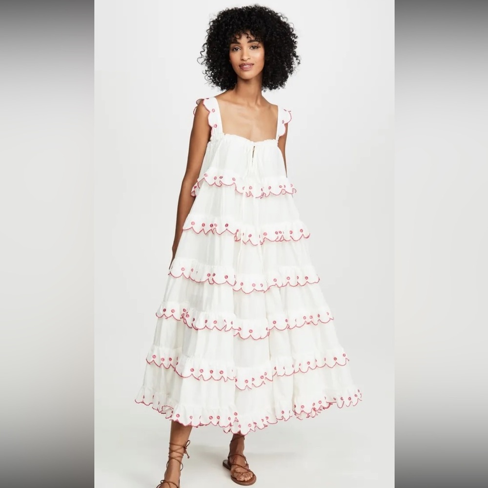 Innika Choo | Scallop Frill Iva Biigdres Midi Dress Cream Pink Size TWO